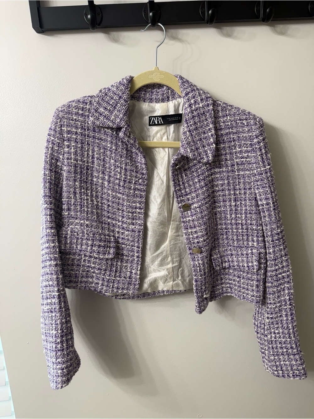 ZARA Purple and White Tweed Cropped Blazer